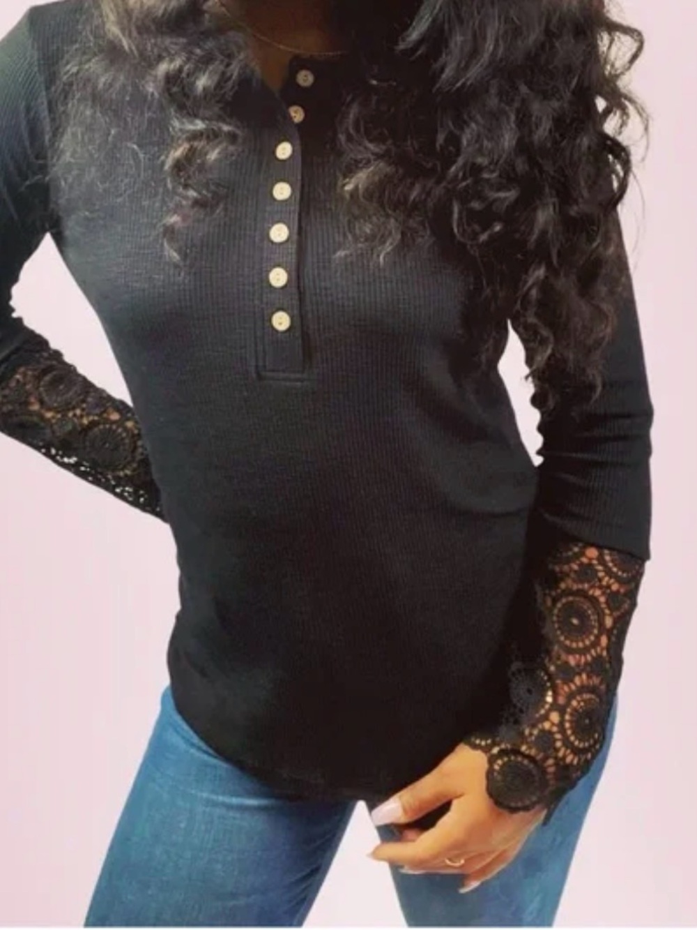 Black Lace-Sleeve Henley Knit Top - Women's
